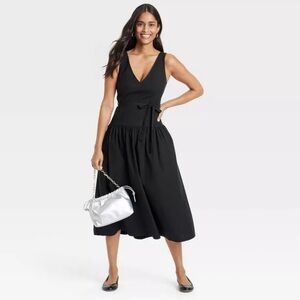 Women's Tie-Waist Midi A-Line Dress - Universal Thread Black XS